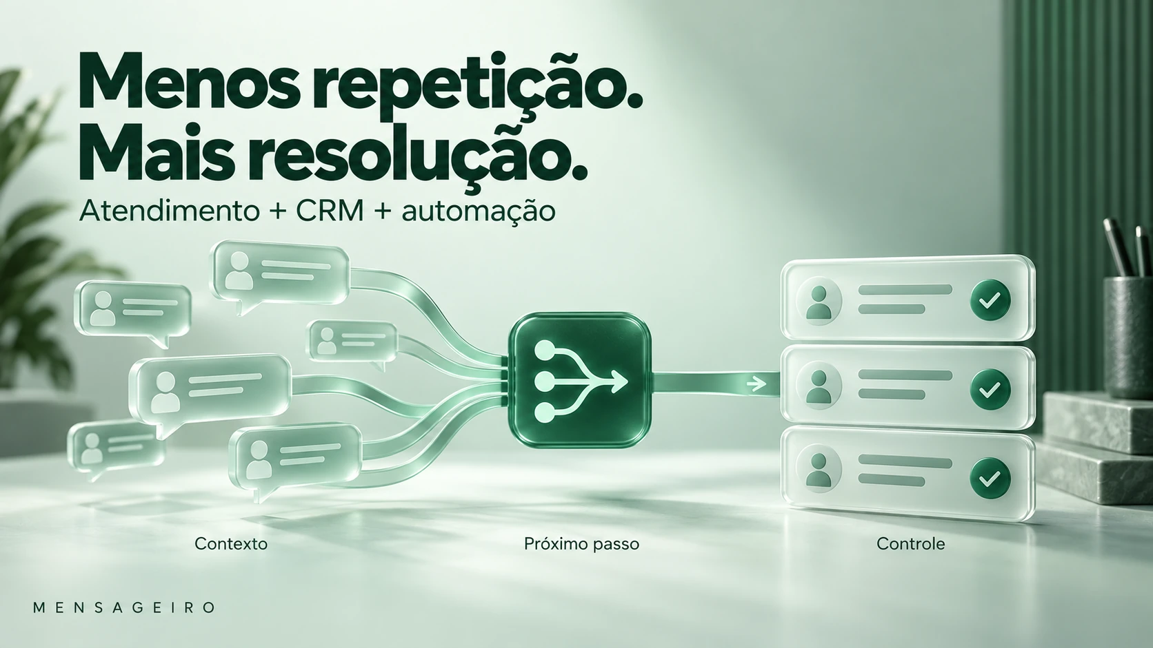 Ilustração de conversas organizadas por contexto, próximo passo e controle, integrando atendimento, CRM e automação no Mensageiro.